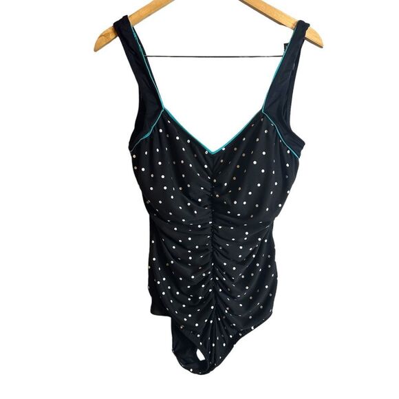 Vintage Gabar polka dot one piece swimsuit size 18 black & white teal blue - Picture 1 of 12